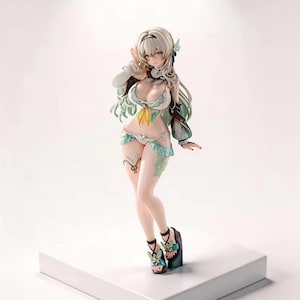 May include: A detailed figurine of a female character in a white and light green outfit. The figure has long blonde hair and is posed with one hand raised. The outfit includes a bikini top, shorts, and sandals. The figure is standing on a white platform.