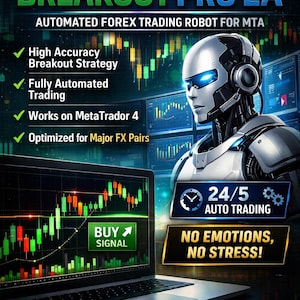 May include: A promotional image for a digital trading product. The image features the text "TRADING BREAKOUT PRO EA" and "AUTOMATED FOREX TRADING ROBOT FOR MTA". A futuristic robot is depicted, along with a laptop displaying a trading chart. The image also includes the text "24/5 AUTO TRADING".