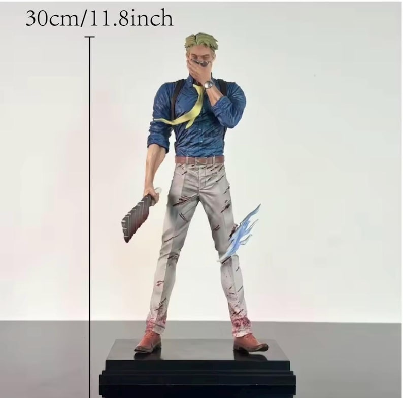 May include: A detailed figurine of a character, 11.8 inches tall, in a blue shirt, gray pants, and brown boots. The figure holds a weapon and a blue energy effect. The figure is standing on a black base.