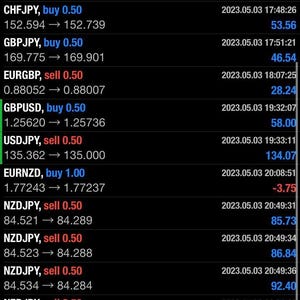Peut inclure: Capture d'écran d'une application de trading financier sur un smartphone. L'écran affiche des paires de devises, des options d'achat/vente et des données de profit/perte en temps réel. L'interface est sombre avec du texte blanc et vert.
