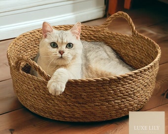 Basket Cat Bed, Rattan Bed, Handwoven Beds, Cat Basket, Cat Cave, Pet Hideaway, Puppy Bed, Pet Bedding, Funny Animal Decor, Cat Cot