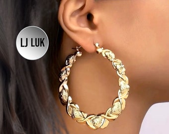 Statement gold hoop earrings, oversized gold fashion hooped earrings for women, gold plated large pattern hoop earrings, trendy hoop earring