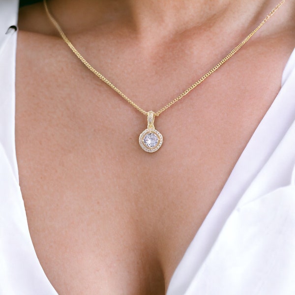 Simple round diamond gold necklace GIFT INC  sparkle stone gold necklace  beautiful 18K gold plated round cubic zirconia necklace