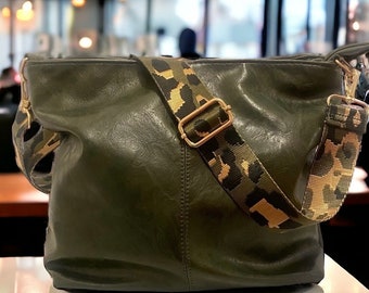 Olive green crossbody bag GIFT INCLUDED soft faux leather womens bag green simple crossbody strap bag ladies crossbody bag leopard style bag