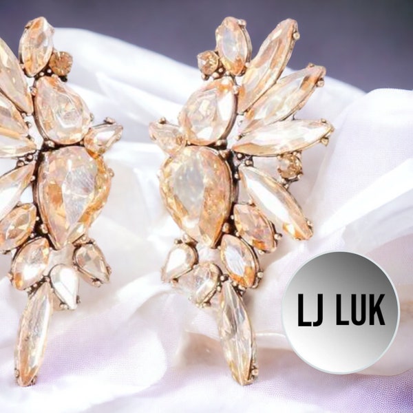 Champagne  gold leaf earrings, champagne  statement earring, statement diamante Crystal champagne  earrings, stunning earrings