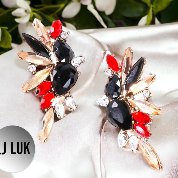 Red black gold leaf earrings, black and red mix  statement earring, statement diamante Crystal black and red  earrings, mix bronzes golds