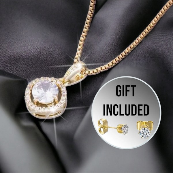 18K gold diamond necklace  GIFT INC  round sparkle stone gold necklace  beautiful gold plated simple round cubic zirconia stone  anniversary