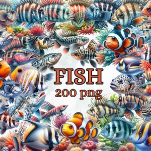 Collection de cliparts de 200 poissons - clipart poisson de mer, poisson d'eau salée, vie marine, océan, poisson clown poisson, téléchargement numérique