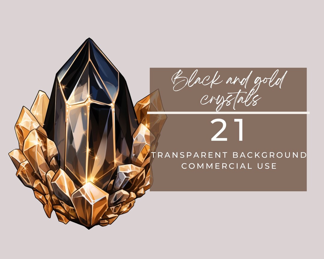 21 Crystals Watercolor Black and Gold, Crystals Gemstones Clipart