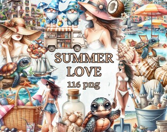 Summer love Clipart | Magical Sea, Sea life, Turtle png, girl summer Illustrations | Instant Download for Commercial Use