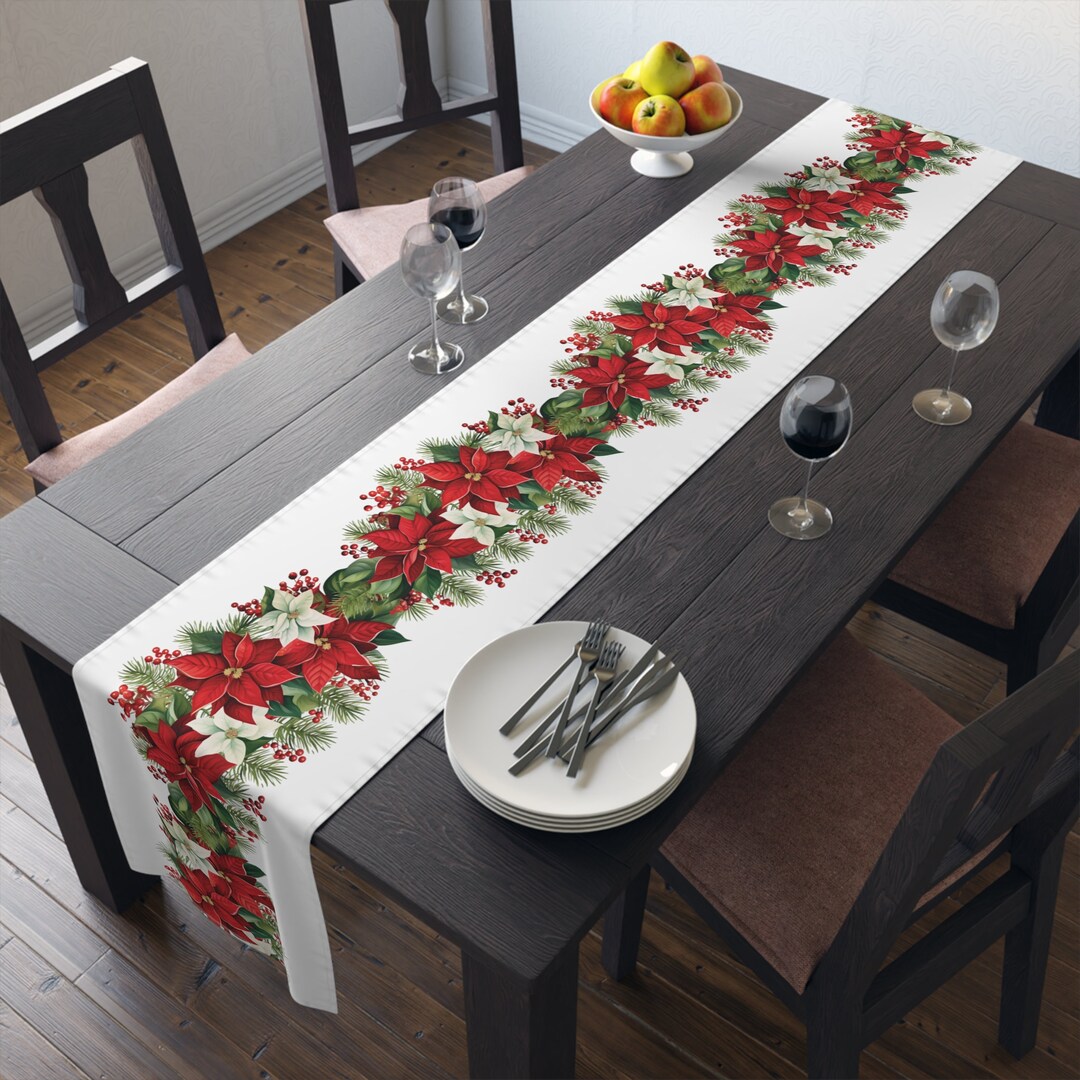 Elegant White Christmas Table Runner With Green Garland Etsy