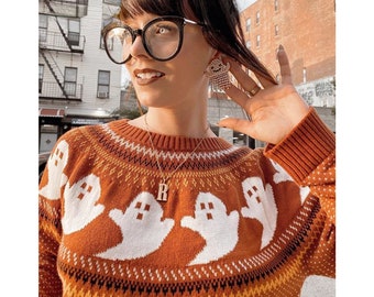 Fall Sweater Long Sleeve Knitted Sweater with Ghost Design for Halloween Halloween sweater Ghost sweater Halloween Party Funny cute Vintage