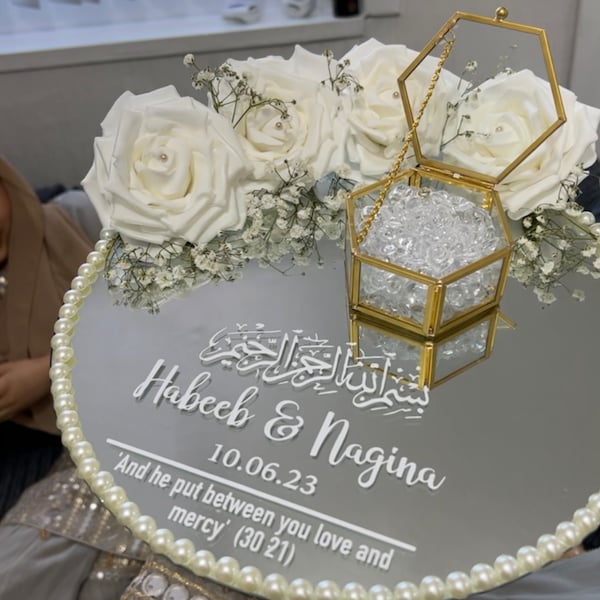 Plaque à anneaux Plaque Nikkah personnalisée, Plaque de mariage miroir personnalisée, Cadeau unique, Décoration élégante