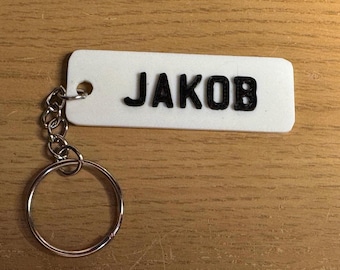 Personalised Keyring Number Plate – Mini UK Style Plate with 3D Letters, White, Custom Name