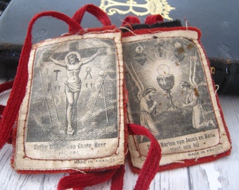 Antique french Red scapular scapulary - religious catholic collectible - Religious gift Nun handiwork - Christian gift