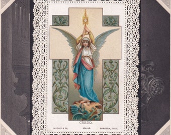 Le Credo Angel datiert 1890 antike französische Spitze Heilige Karte - Gebetskarte - Religiöses Geschenk - Canivet - Christliches Ephemera