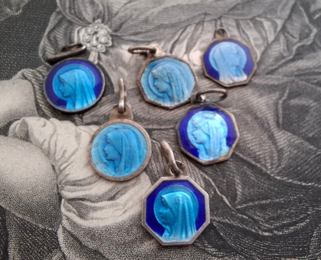 Our Lady of Lourdes Lot of 6 Antique Art Deco Blue Enamel Medal Pendant ...