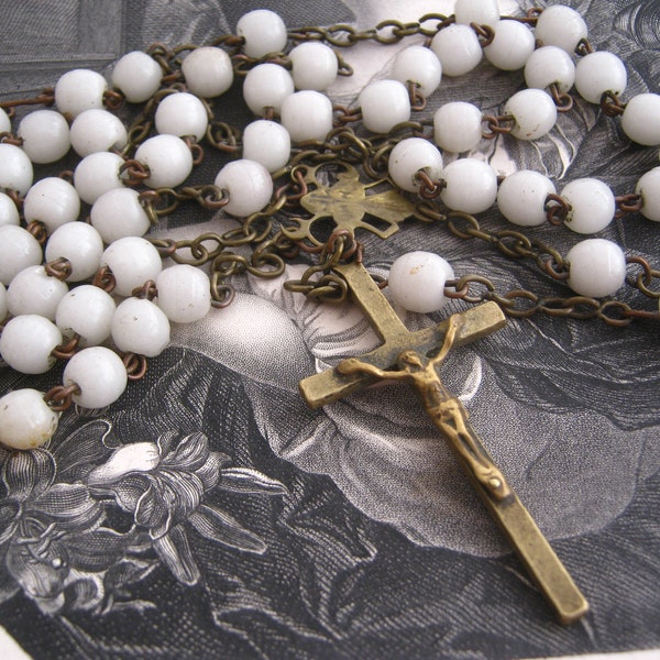 Antique  incomplete Rosary chaplet french Catholic Destash • White opaline glass  for Repurpose Fix Repair Salvage