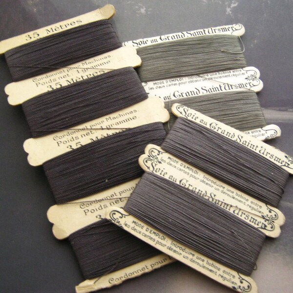Lot of Vintage dark grey french silk thread on card vintage sewing collectible notions haberdashery
