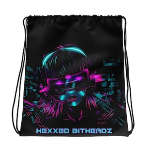 May include: A black drawstring bag with a neon pink and blue graphic of a woman wearing a futuristic headset. The text "HEXXED BITHEADZ" is printed in blue at the bottom of the bag.