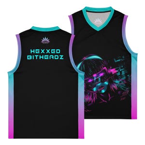 May include: Black basketball jersey with a teal and pink gradient on the sides. The front of the jersey features a graphic of a woman with neon pink and blue accents. The back of the jersey has the text "HEXXED BITHERDZ" in teal.