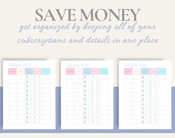 Subscription and account tracker printable | spending log | payment tracker | spending tracker | monthly subscriptions| recurring bills log