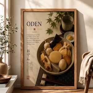 Póster digital de Oden para pared, póster de comida japonesa, decoración vintage de cocina japonesa, arte imprimible tradicional para olla caliente, lámina de comida asiática para pared