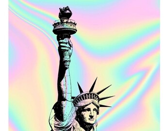 Póster de la Estatua de la Libertad, 2 descargas digitales, decoración de pared, arte holográfico imprimible, Nueva York, Francia