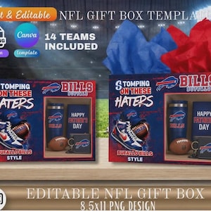 May include: A red, white, and blue NFL gift box template with the text "STOMPING ON THESE HATERS" and "HAPPY FATHER'S DAY". The box includes a football, a tumbler, and a wallet. The design is for the Buffalo Bills.