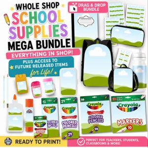 May include: A digital school supplies mega bundle featuring a backpack, lunch bag, pencil case, water bottle, and various stationery items like glue, markers, and coloured pencils. The collection includes printable labels and notebooks with a landscape design.