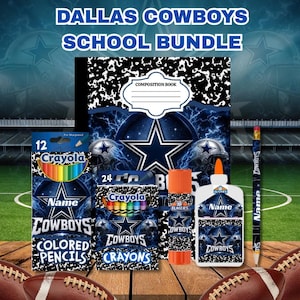 May include: A Dallas Cowboys school bundle featuring a composition book, a 12-pack of Crayola colored pencils, a 24-pack of Crayola crayons, an Elmer's glue stick, and a pencil. All items feature the Dallas Cowboys logo and blue lightning.