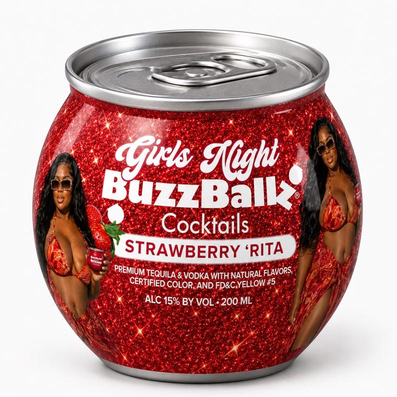 Puede incluir: Un recipiente esf&eacute;rico de c&oacute;ctel BuzzBallz rojo con purpurina que presenta el texto Girls Night BuzzBallz Cocktails Strawberry 'Rita. La etiqueta incluye im&aacute;genes de una persona en bikini e indica 15% alc por vol y 200 ml.