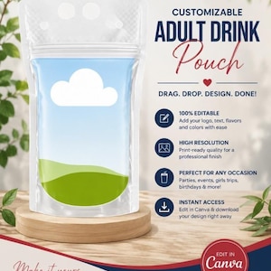 Peut inclure: Une pochette à boisson pour adulte transparente et personnalisable avec une fermeture éclair et deux trous circulaires en haut. La pochette présente un graphique d'un nuage blanc sur un ciel bleu clair au-dessus d'une colline verte.