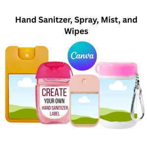 以下が含まれることがあります： 黄色い長方形のスプレー、CREATE YOUR OWN HAND SANITIZER LABELと書かれたピンクのジェルボトル、小さな薄いピンクのスプレー、ピンクの蓋と金属製クリップが付いた白いウェットティッシュ容器を含む、ハンドサニタイザー製品のコレクション。