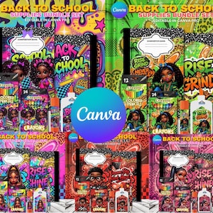 5 Colorful Graffiti-inspired School Supply Template Bundle, glue stick,Composition Notebook, Color pencils,Afro Kids Back to school stickers