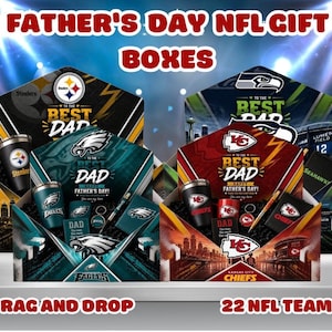 May include: Father's Day NFL gift boxes with team logos and the text "BEST DAD." Each box contains a tumbler, keychain, and other items. The boxes are decorated with team colors and logos. The text "DRAG AND DROP" and "22 NFL TEAMS" are also visible.