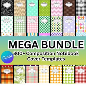 Puede incluir: Una colección digital de más de 300 plantillas de portadas para cuadernos con diversos patrones que incluyen lunares, rayas, cuadros y estampados florales. Cada plantilla incluye una etiqueta blanca central con el texto Composition Book.