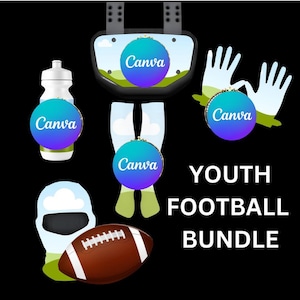 May include: A youth football bundle featuring a white water bottle, a black chest protector, white gloves, a helmet, and a brown football with white laces. The text YOUTH FOOTBALL BUNDLE is displayed in white on the right side of the black background.