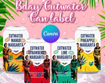 Plantilla editable de etiqueta para lata de Cutwater en Canva, etiquetas para bebidas de cumpleaños, envoltorio personalizado para lata de margarita, divertidos recuerdos para fiestas de chicas.