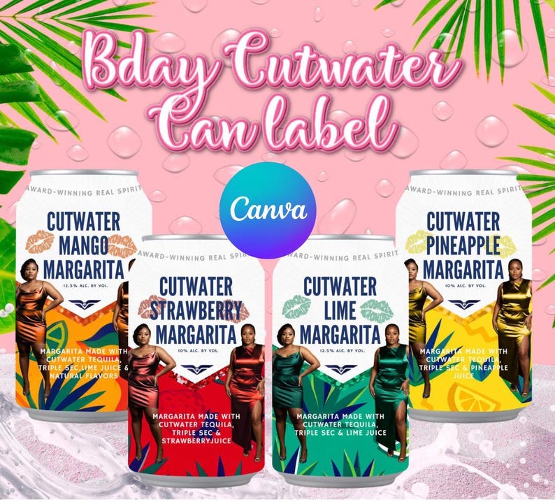 May include: Four aluminum cans of Cutwater Margarita in Mango, Strawberry, Lime, and Pineapple flavors. Each can features a person in a satin dress, the text Cutwater Margarita, alcohol content, and ingredients against a tropical background.