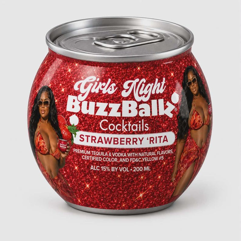 Puede incluir: Una lata redonda de color rojo brillante BuzzBallz Cocktails con el texto Girls Night BuzzBallz Cocktails Strawberry 'Rita. La etiqueta incluye im&aacute;genes de una persona en bikini y gafas de sol, con 15% ALC BY VOL y 200 ML.