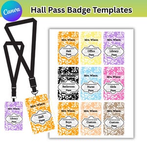 May include: A set of printable hall pass badge templates featuring a composition book pattern in various colours. Each badge includes the text Mrs. Wison, Composition Book, and specific labels like Hall Pass, Office Pass, Library Pass, Bathroom Pass, Nurse Pass, Girls Pass, Boys Pass, and Custom Pass. Two black lanyards are shown.