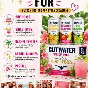 May include: A promotional graphic featuring Cutwater margarita cans in pineapple, strawberry, and lime flavors. The image displays a 12-can variety pack box, a glass of pink cocktail, and five polaroid-style photos showing various celebration themes.