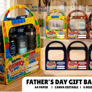 Può includere: Un cesto regalo per la festa del papà con un design colorato a tema Lego, pieno di prodotti per la cura della persona da uomo. Il cesto include un manico e il testo "Happy Father's Day Dad!". Sono mostrati anche altri modelli di biglietti regalo.