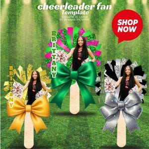 May include: A digital cheerleader fan template featuring three handheld props with wooden sticks. Each prop displays a photo of a cheerleader, a large decorative bow in gold, green, or silver, and the name Brittany in bold white lettering.