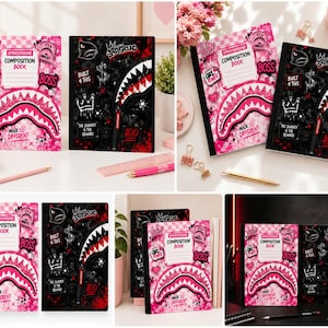 May include: Two composition books featuring Sprayground branding. One book has a pink checkered background with a shark mouth graphic and text including Composition Book, Girl Power, and Made Different. The other is black with a shark mouth zipper graphic.