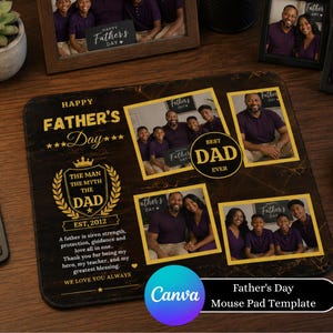Op de afbeelding: Een sjabloon voor een Vaderdag muismat met een donker houtnerf ontwerp. Het bevat familiefoto's, de tekst "Happy Father's Day" en een boodschap over vaders. De sjabloon bevat een Canva-logo.