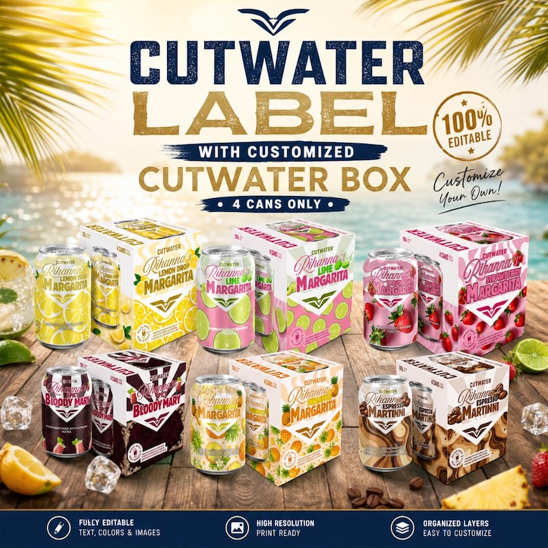 May include: A collection of Cutwater beverage cans and boxes featuring Rihanna branding, including Lemon Drop, Lime, Strawberry, and Spicy Bloody Mary margaritas, plus Pineapple Margarita and Espresso Martini, displayed on a wooden surface.