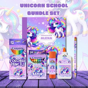 May include: A unicorn school bundle set featuring a composition book, a 12-pack of Crayola colored pencils, a 24-pack of Crayola crayons, an Elmer's glue stick, a bottle of Elmer's glue, and a pencil, all decorated with unicorn graphics and the name Alexa.