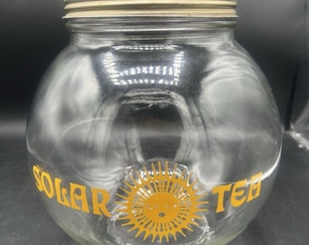 Pot en verre vintage Solar Sun Tea avec couvercle jaune et motif soleil 1 gal - Dôme